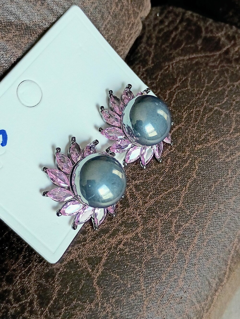 New Elegant Pink CZ Stones Floral Stud Earrings with Gray Faux Pearl Center